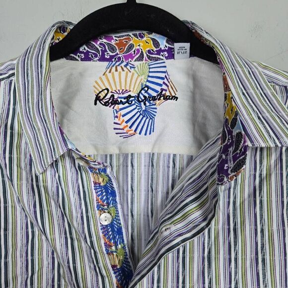 Robert Graham Mens Button Up Shirt Sz XL Purple Striped Flip Cuff Preppy Career - Picture 3 of 8